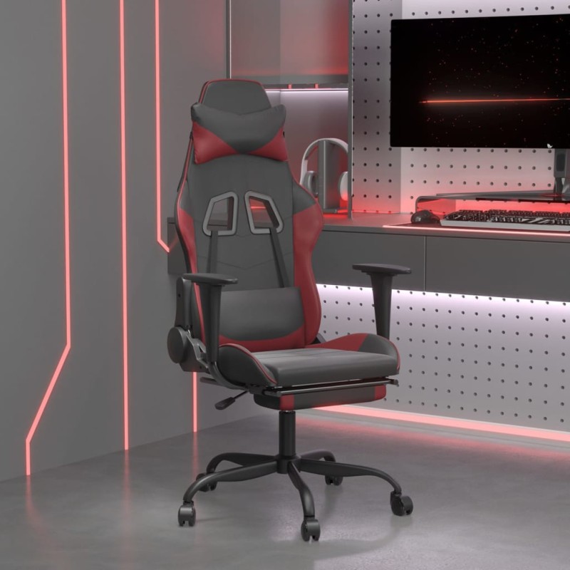 vidaXL Silla gaming con reposapiés cuero sintético negro rojo tinto vidaXL Silla gaming con reposapiés cuero sintético negro rojo tinto