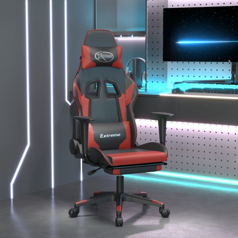 vidaXL Silla gaming con reposapiés cuero sintético negro rojo tinto vidaXL Silla gaming con reposapiés cuero sintético negro rojo tinto