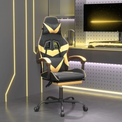 vidaXL Silla gaming con reposapiés cuero sintético negro dorado