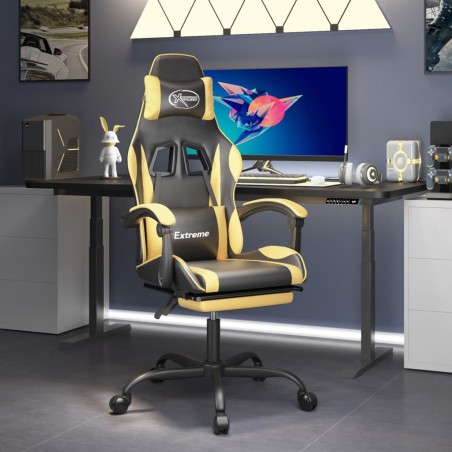 vidaXL Silla gaming con reposapiés cuero sintético negro dorado