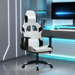 vidaXL Silla gaming con reposapiés cuero sintético blanco negro