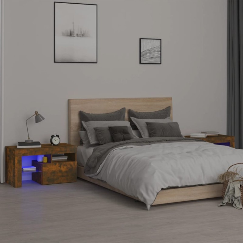 vidaXL Mesitas de noche con LED 2 uds roble ahumado 70x36,5x40cm vidaXL Mesitas de noche con LED 2 uds roble ahumado 70x36,5x40cm