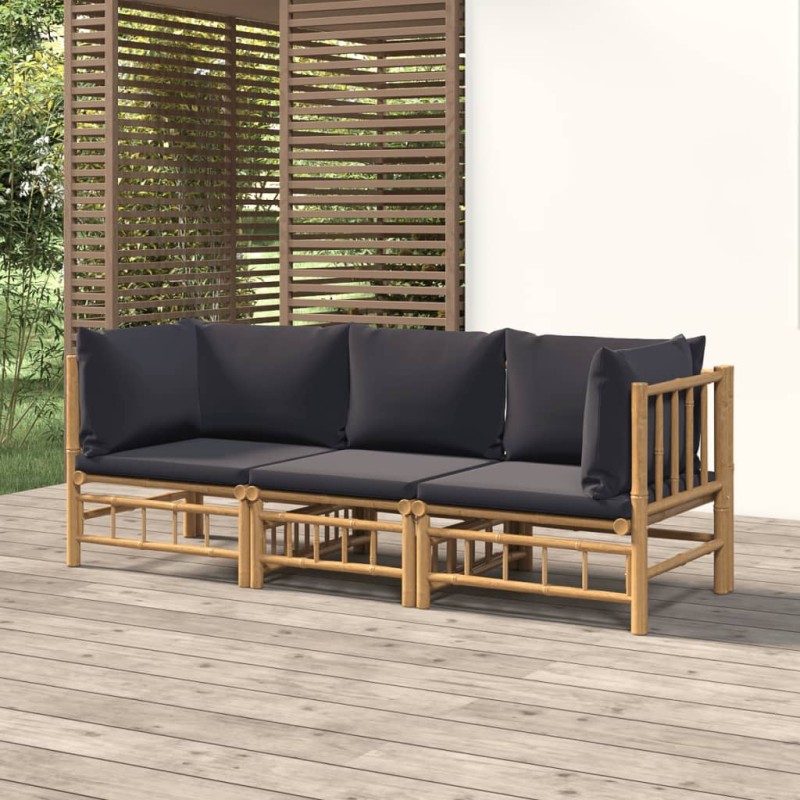 vidaXL Set de muebles de jardín 3 piezas bambú con cojines gris oscuro vidaXL Set de muebles de jardín 3 piezas bambú con cojines gris oscuro