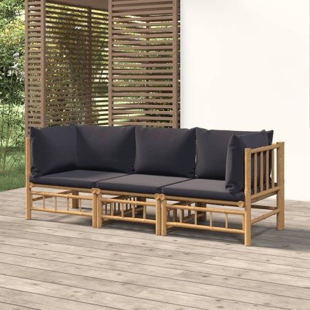 vidaXL Set de muebles de jardín 3 piezas bambú con cojines gris oscuro