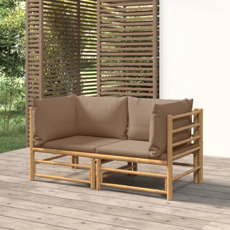 vidaXL Sofás esquineros de jardín 2 uds bambú con cojines gris taupe