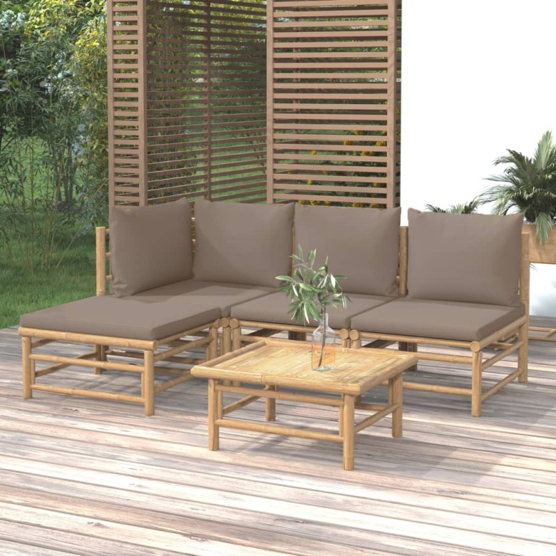 vidaXL Set de muebles de jardín 5 piezas bambú y cojines gris taupé vidaXL Set de muebles de jardín 5 piezas bambú y cojines gris taupé