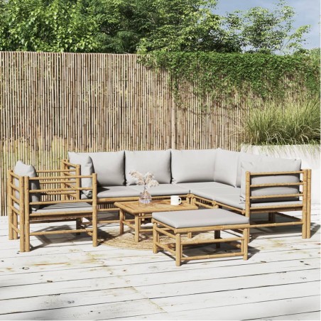 vidaXL Set de muebles de jardín 8 piezas bambú y cojines gris claro
