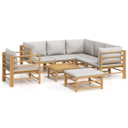 vidaXL Set de muebles de jardín 8 piezas bambú y cojines gris claro
