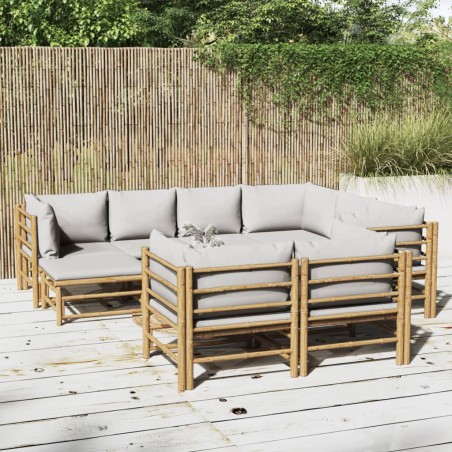 vidaXL Set de muebles de jardín 10 piezas bambú y cojines gris claro