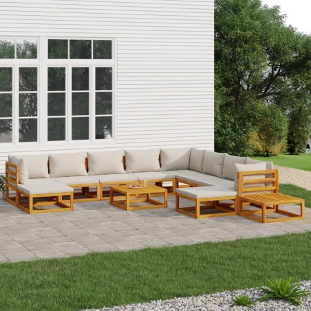 vidaXL Set muebles jardín 12 pzas madera maciza y cojines gris claro