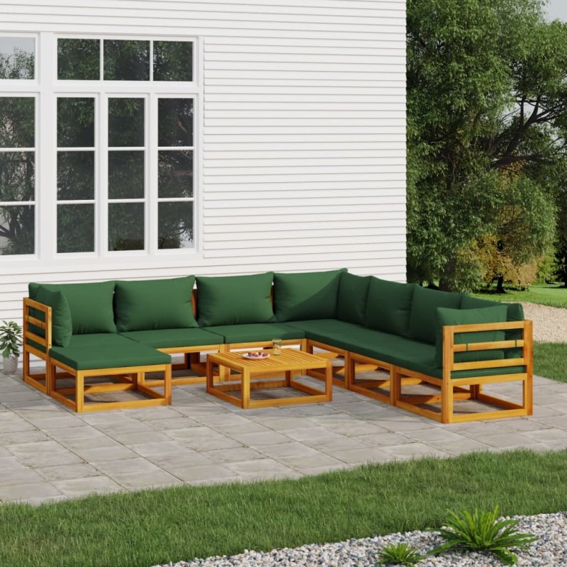vidaXL Juego muebles de jardín 9 piezas madera maciza y cojines verdes