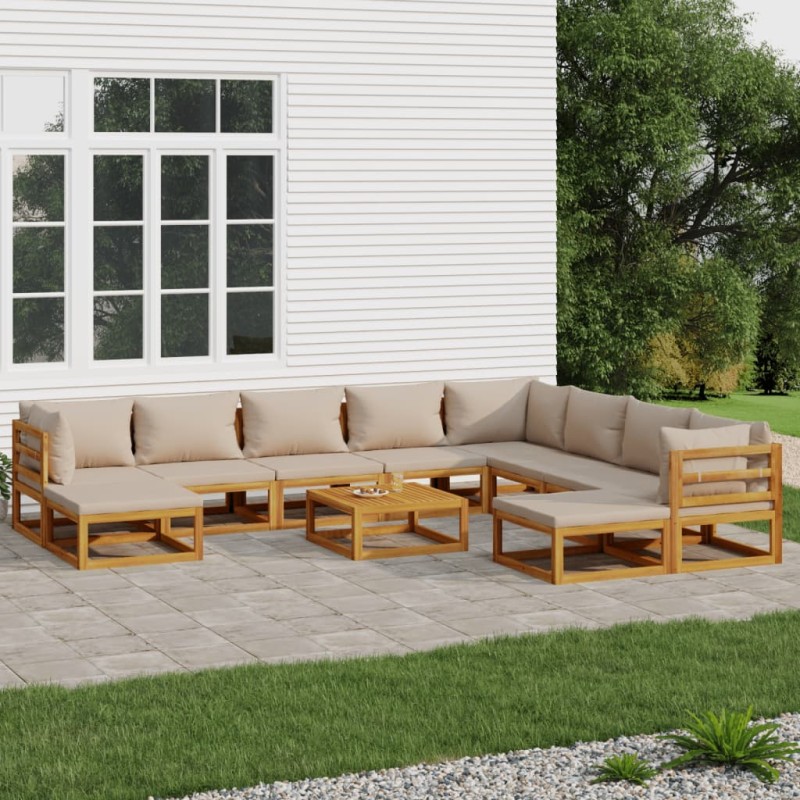 vidaXL Set muebles jardín 11 pzas madera maciza y cojines gris taupé