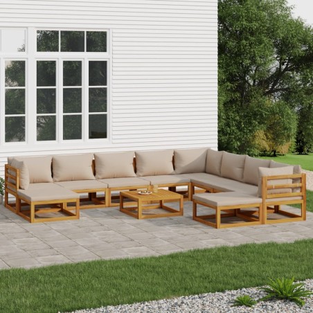 vidaXL Set muebles jardín 11 pzas madera maciza y cojines gris taupé