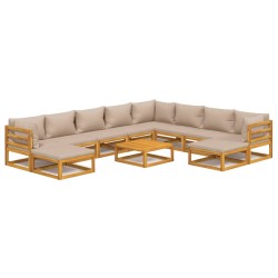 vidaXL Set muebles jardín 11 pzas madera maciza y cojines gris taupé