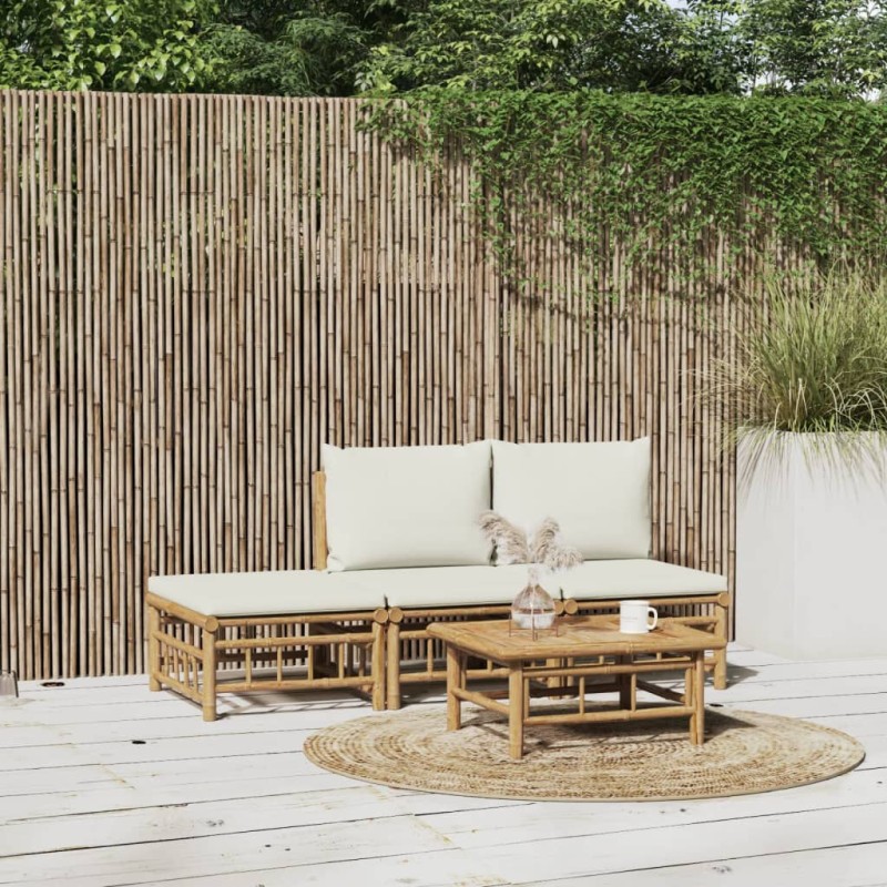vidaXL Set de muebles de jardín 4 piezas bambú y cojines blanco crema vidaXL Set de muebles de jardín 4 piezas bambú y cojines blanco crema