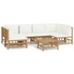 vidaXL Set de muebles de jardín 7 piezas bambú y cojines blanco crema