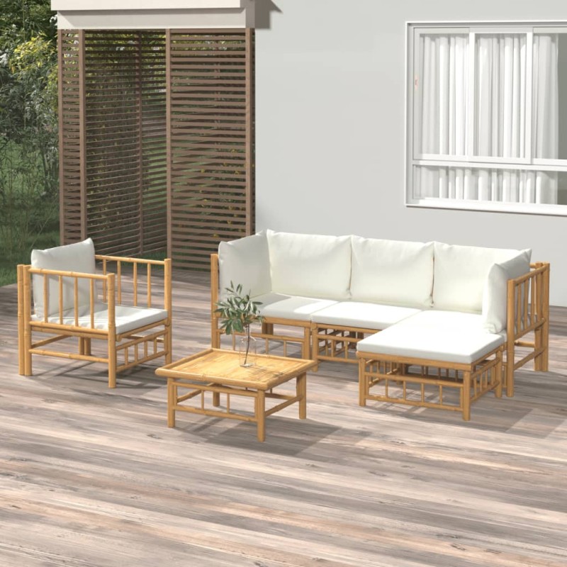 vidaXL Set de muebles de jardín 6 piezas bambú y cojines blanco crema vidaXL Set de muebles de jardín 6 piezas bambú y cojines blanco crema