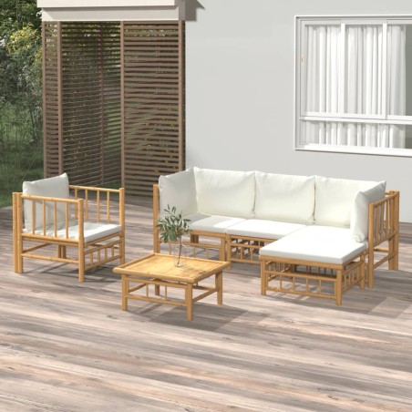 vidaXL Set de muebles de jardín 6 piezas bambú y cojines blanco crema