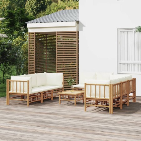 vidaXL Set de muebles de jardín 9 piezas bambú y cojines blanco crema
