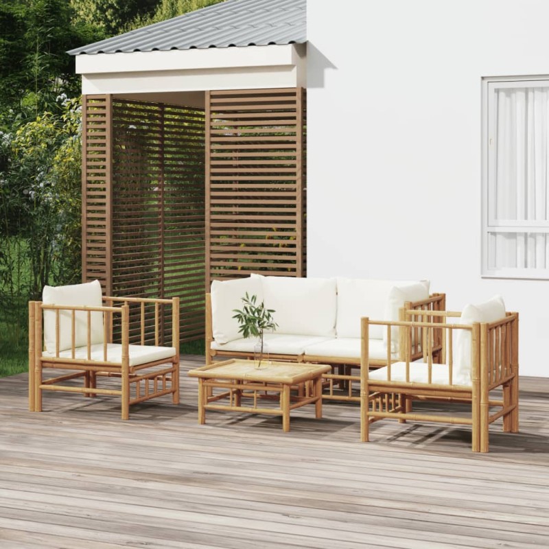 vidaXL Set de muebles de jardín 5 piezas bambú y cojines blanco crema vidaXL Set de muebles de jardín 5 piezas bambú y cojines blanco crema