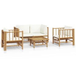vidaXL Set de muebles de jardín 5 piezas bambú y cojines blanco crema