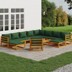 vidaXL Juego muebles de jardín 12 pzas madera maciza y cojines verdes