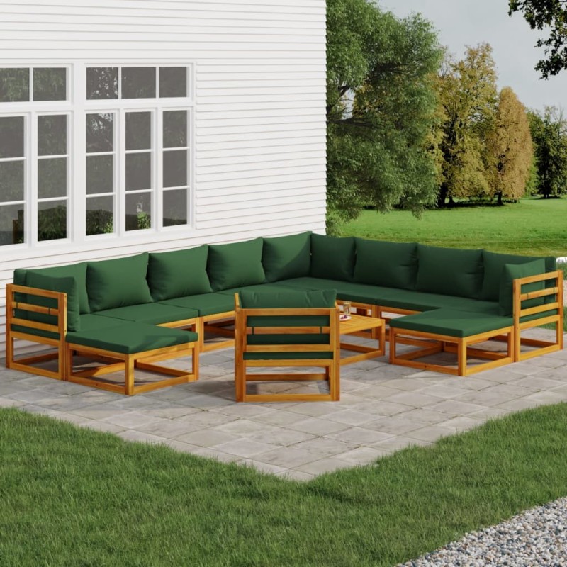 vidaXL Juego muebles de jardín 12 pzas madera maciza y cojines verdes vidaXL Juego muebles de jardín 12 pzas madera maciza y cojines verdes