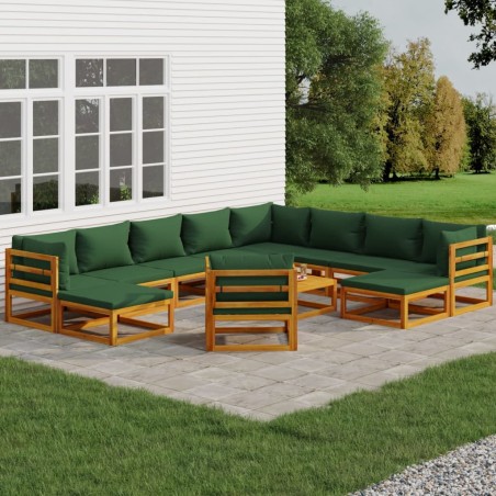 vidaXL Juego muebles de jardín 12 pzas madera maciza y cojines verdes