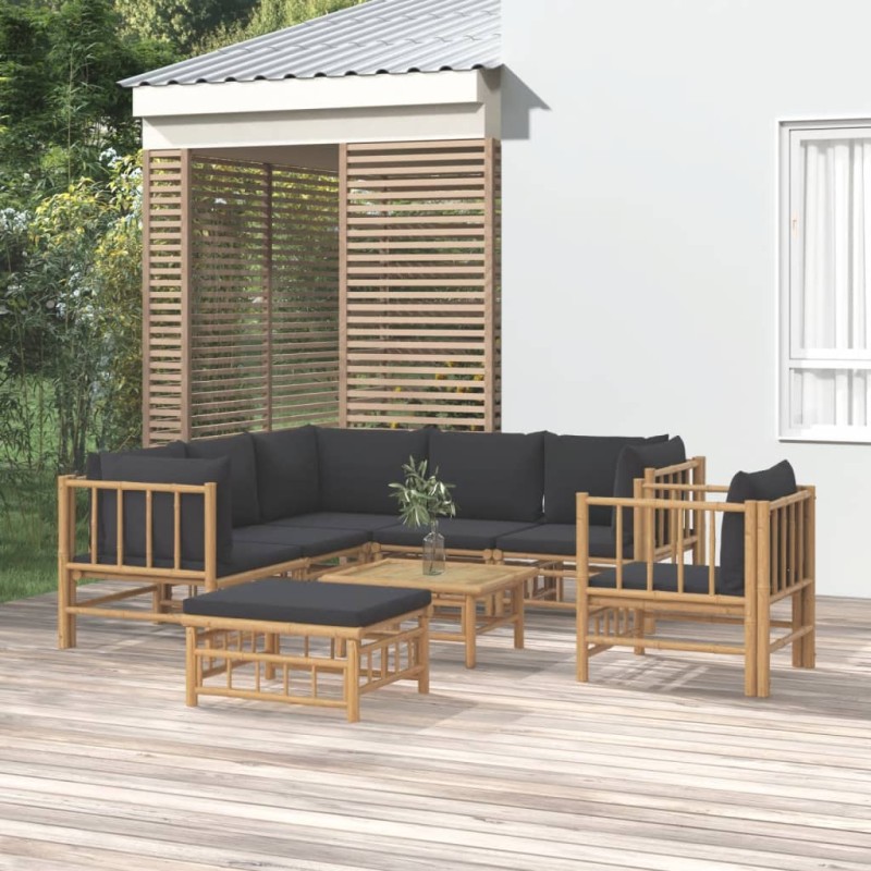 vidaXL Set de muebles de jardín 8 piezas bambú con cojines gris oscuro vidaXL Set de muebles de jardín 8 piezas bambú con cojines gris oscuro