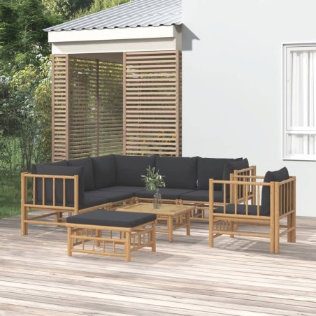 vidaXL Set de muebles de jardín 8 piezas bambú con cojines gris oscuro