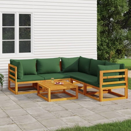 vidaXL Juego muebles de jardín 6 piezas madera maciza y cojines verdes