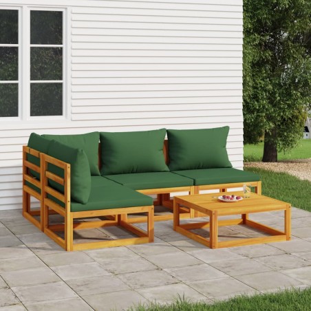 vidaXL Juego muebles de jardín 5 piezas madera maciza y cojines verdes
