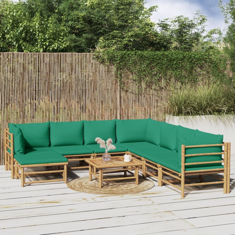 vidaXL Set de muebles de jardín 9 piezas bambú con cojines verde