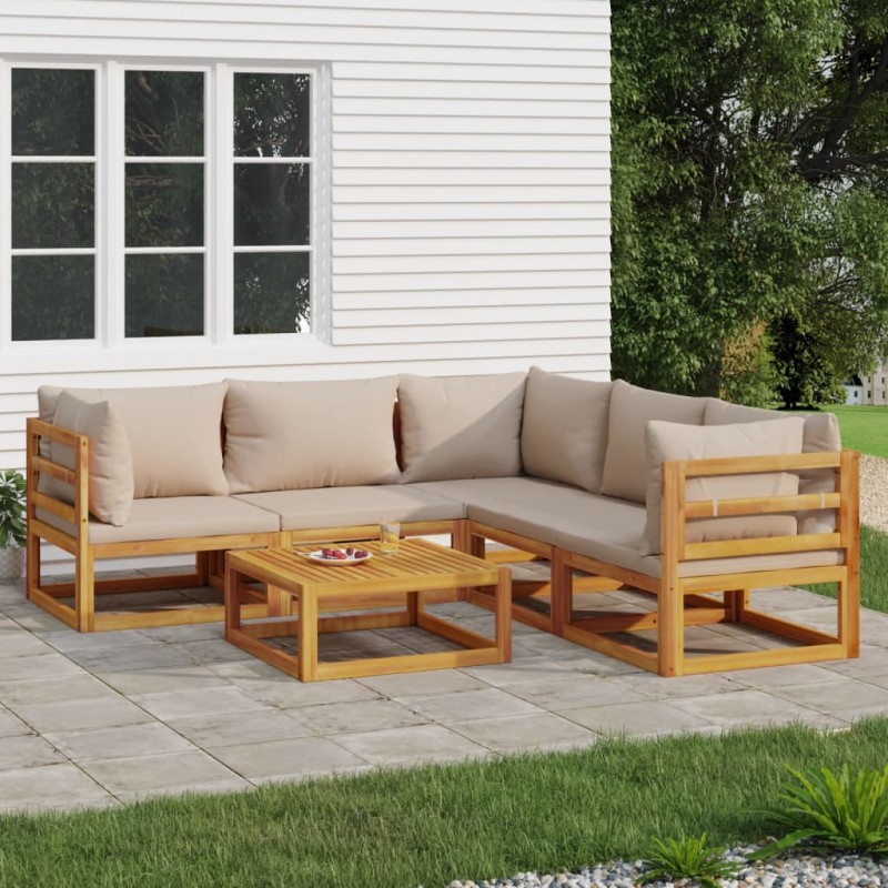 vidaXL Set muebles de jardín 6 pzas madera maciza y cojines gris taupé vidaXL Set muebles de jardín 6 pzas madera maciza y cojines gris taupé