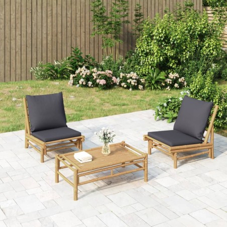vidaXL Set de muebles de jardín 3 piezas bambú con cojines gris oscuro