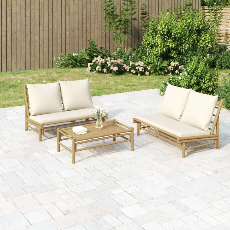 vidaXL Set de muebles de jardín 3 piezas bambú y cojines blanco crema vidaXL Set de muebles de jardín 3 piezas bambú y cojines blanco crema