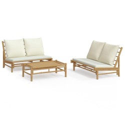 vidaXL Set de muebles de jardín 3 piezas bambú y cojines blanco crema