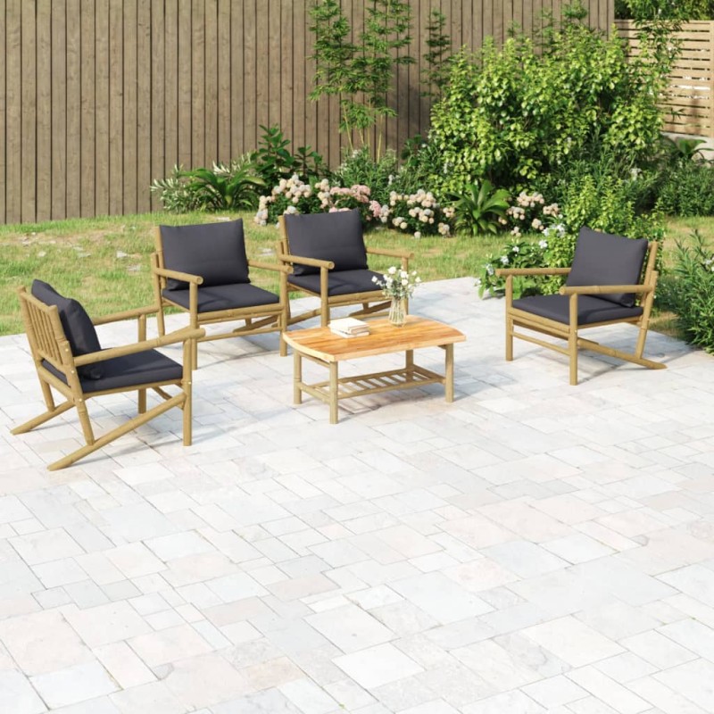 vidaXL Set de muebles de jardín 5 piezas bambú con cojines gris oscuro vidaXL Set de muebles de jardín 5 piezas bambú con cojines gris oscuro
