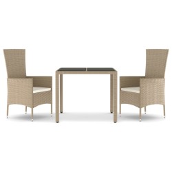 vidaXL Set comedor de jardín 3 pzas con cojines ratán sintético beige