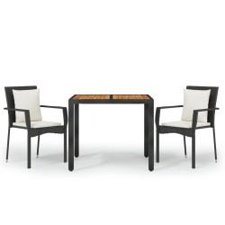 vidaXL Set comedor de jardín 3 pzas con cojines ratán sintético negro