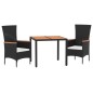vidaXL Set comedor de jardín 3 pzas con cojines ratán sintético negro