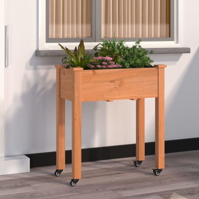 vidaXL Jardinera con forro y ruedas madera de abeto marrón 71x37x80 cm vidaXL Jardinera con forro y ruedas madera de abeto marrón 71x37x80 cm