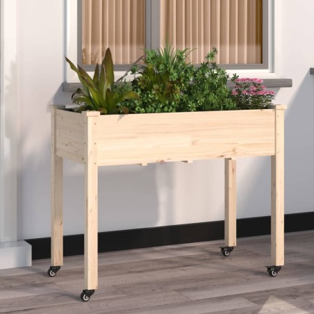 vidaXL Jardinera con forro y ruedas madera de abeto gris 118x59x80 cm
