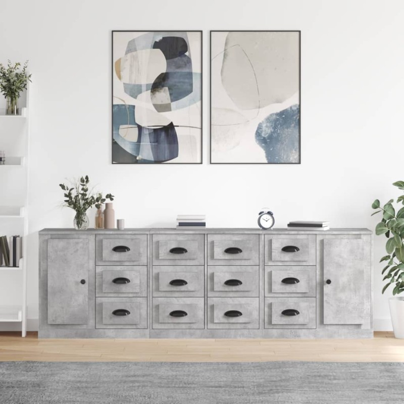 vidaXL Aparadores 3 piezas madera contrachapada gris hormigón vidaXL Aparadores 3 piezas madera contrachapada gris hormigón