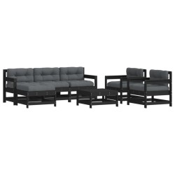 vidaXL Juego de muebles de jardín 7 pzas y cojines madera maciza negro