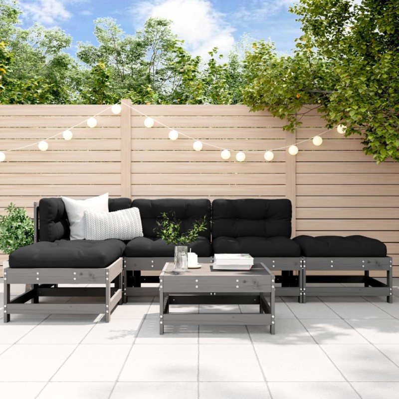 vidaXL Juego de muebles de jardín 6 pzas y cojines madera maciza gris vidaXL Juego de muebles de jardín 6 pzas y cojines madera maciza gris