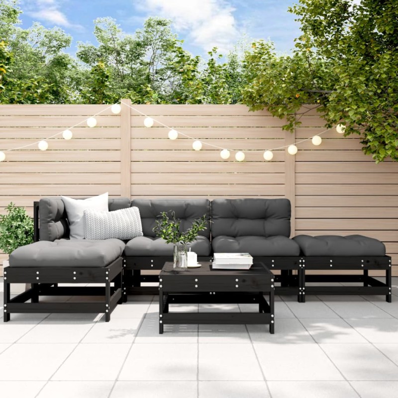 vidaXL Juego de muebles de jardín 6 pzas y cojines madera maciza negro vidaXL Juego de muebles de jardín 6 pzas y cojines madera maciza negro