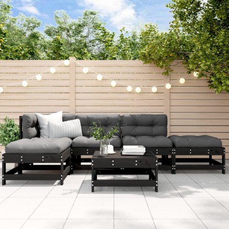 vidaXL Juego de muebles de jardín 6 pzas y cojines madera maciza negro