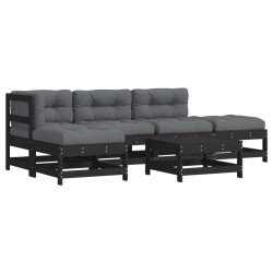 vidaXL Juego de muebles de jardín 6 pzas y cojines madera maciza negro