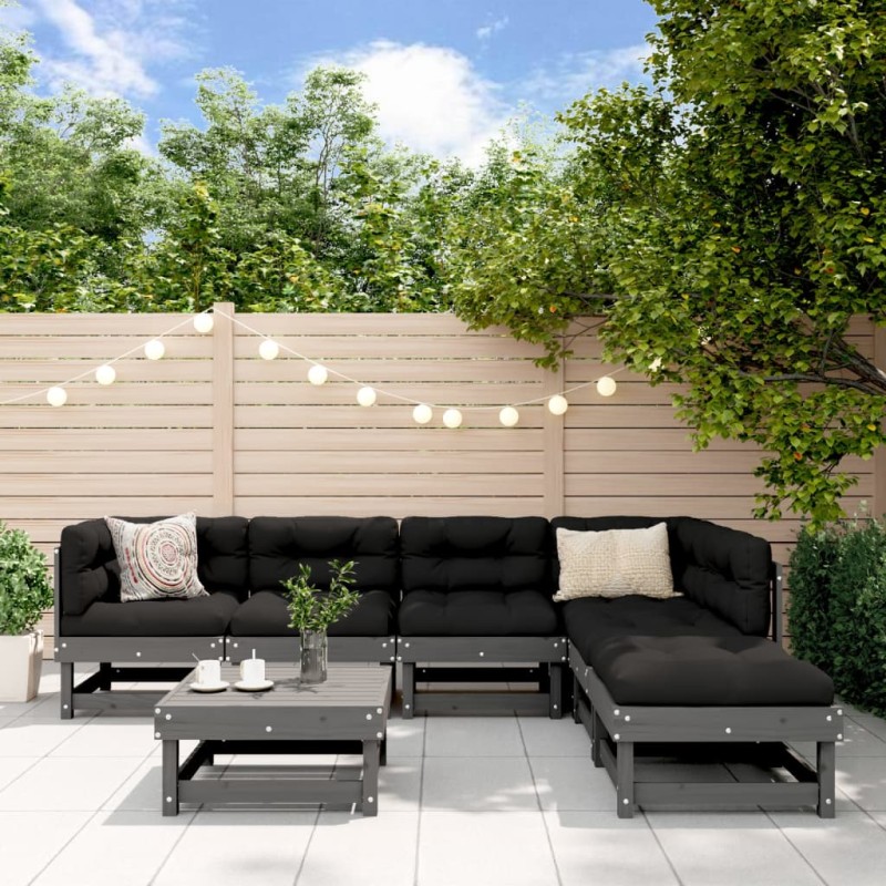 vidaXL Juego de muebles de jardín 7 pzas y cojines madera maciza gris vidaXL Juego de muebles de jardín 7 pzas y cojines madera maciza gris